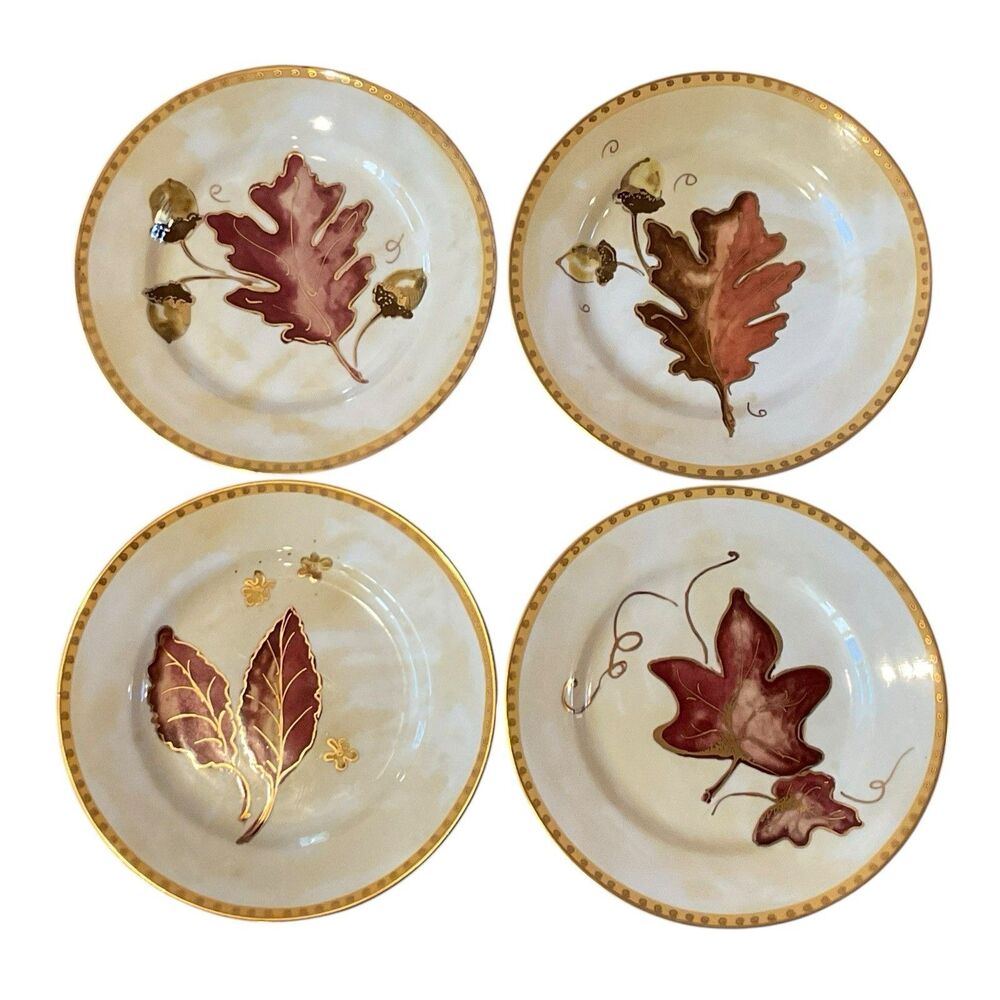 Crate & Barrel Salad Plates Autumn Fall Leaf Set Of 4 Decorative Gold Gilt